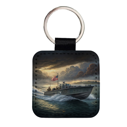 WWII US Navy PT Torpedo Boat Square Faux Leather Keychain