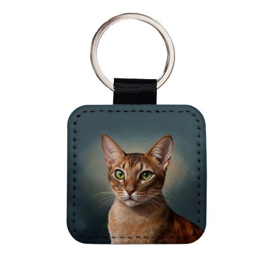 Abyssinian Cat Illustration Square Faux Leather Keychain