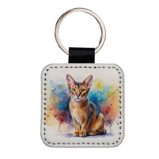 Abyssinian Cat Watercolor Style Square Faux Leather Keychain