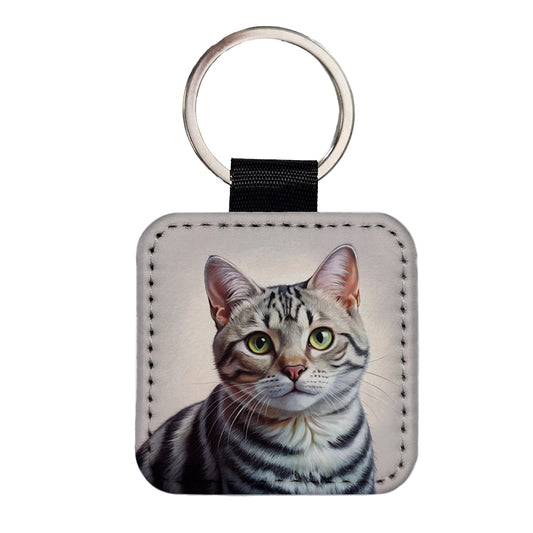 American Shorthair Cat Illustration Square Faux Leather Keychain