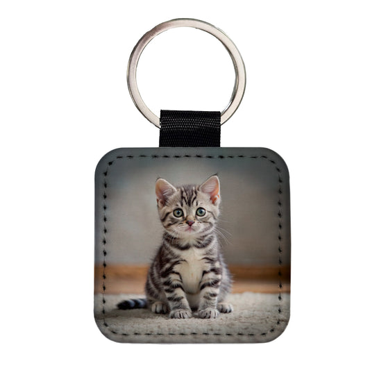 American Shorthair Cat Kitten Photo Square Faux Leather Keychain