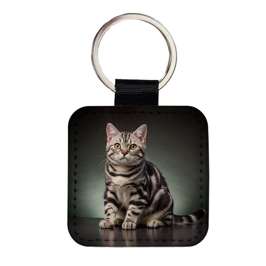 American Shorthair Cat Photo Square Faux Leather Keychain