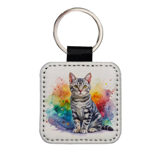 American Shorthair Cat Watercolor Style Square Faux Leather Keychain