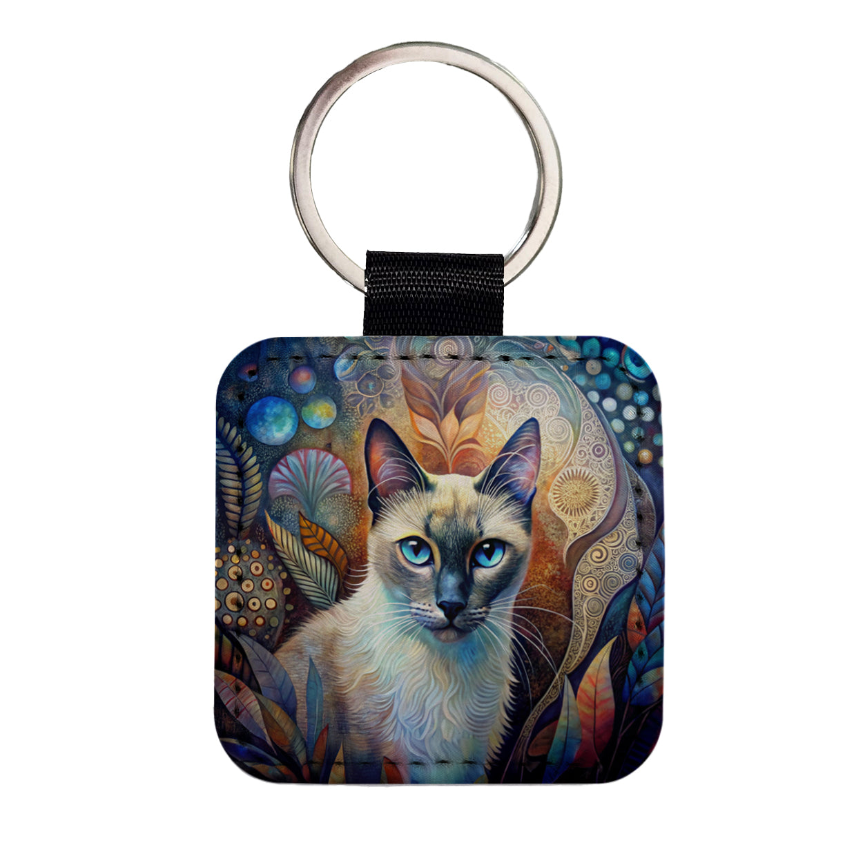 Balinese Cat Abstract Art Square Faux Leather Keychain