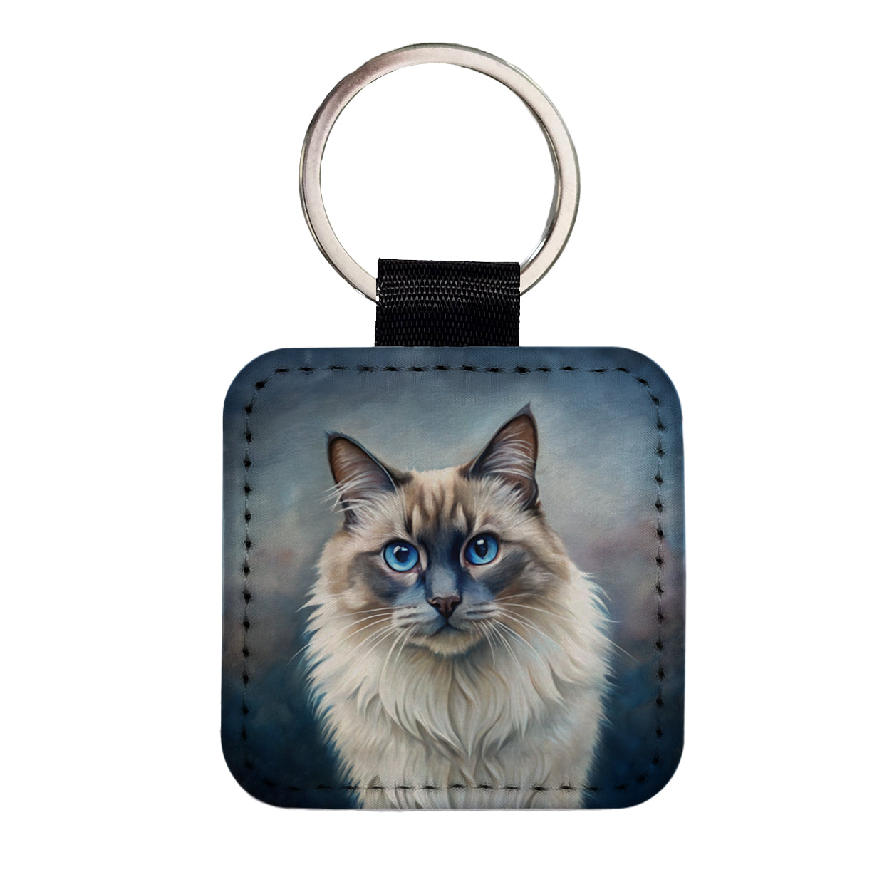Balinese Cat Illustration Square Faux Leather Keychain