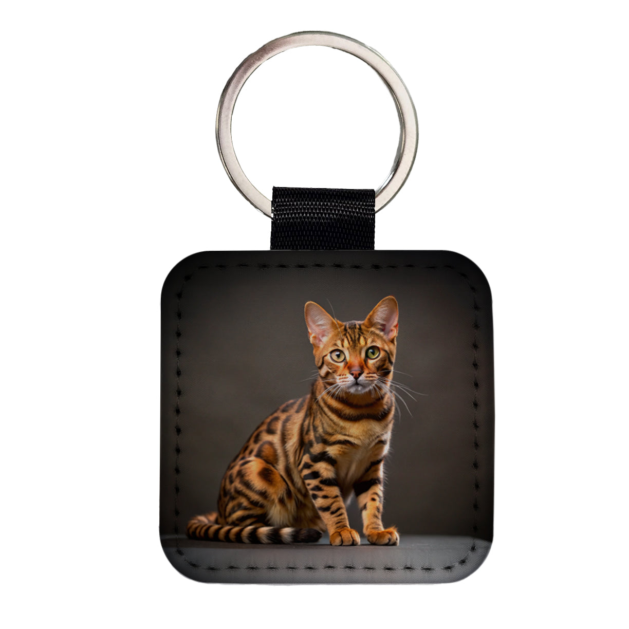 Bengal Cat Photo Square Faux Leather Keychain