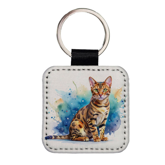 Bengal Cat Watercolor Style Square Faux Leather Keychain