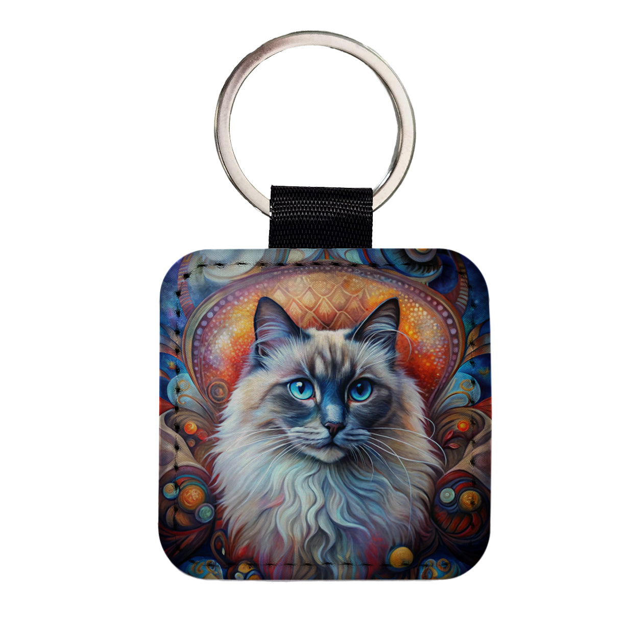 Birman Cat Abstract Art Square Faux Leather Keychain