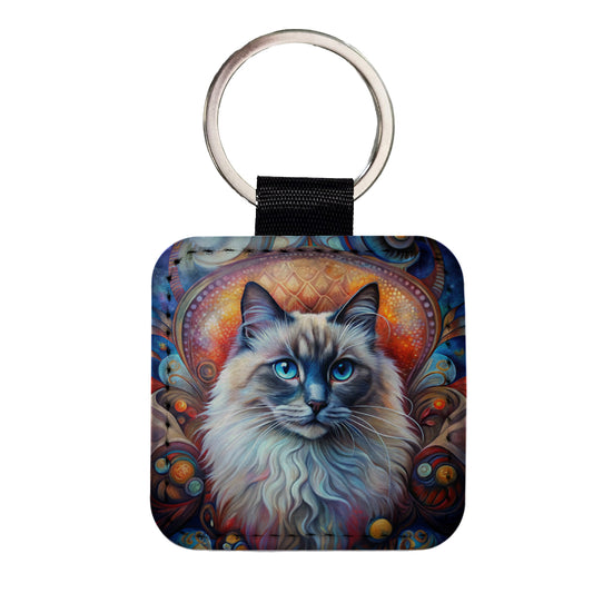 Birman Cat Abstract Art Square Faux Leather Keychain