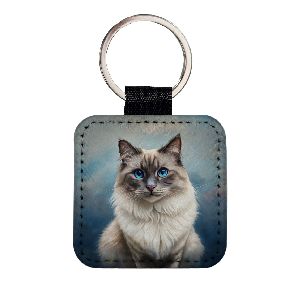 Birman Cat Illustration Square Faux Leather Keychain