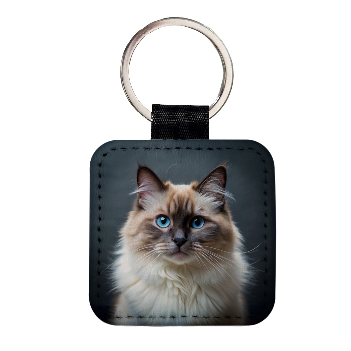 Birman Cat Photo Square Faux Leather Keychain