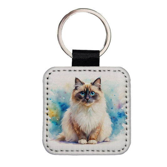 Birman Cat Watercolor Style Square Faux Leather Keychain