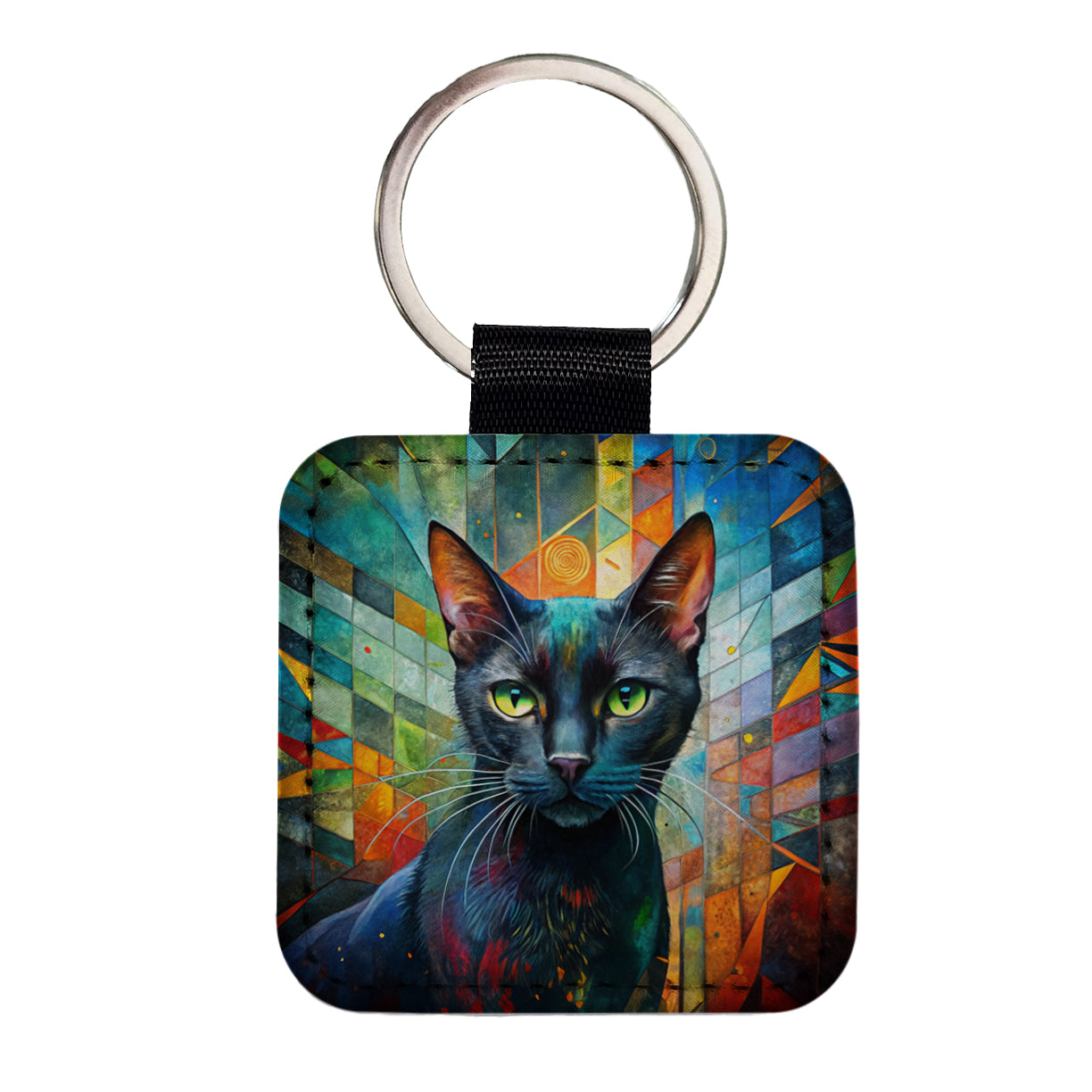 Bombay Black Cat Abstract Art Square Faux Leather Keychain