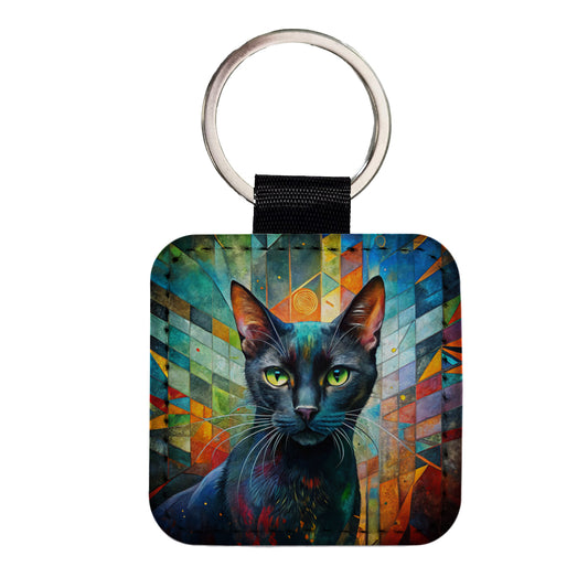Bombay Black Cat Abstract Art Square Faux Leather Keychain