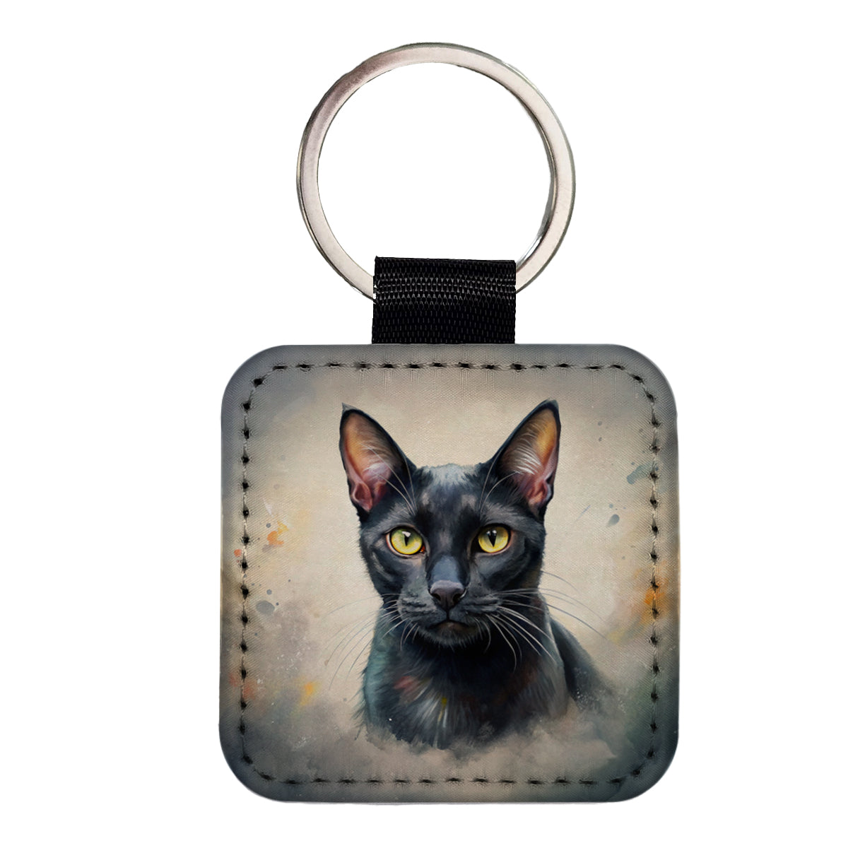 Bombay Black Cat Illustration Square Faux Leather Keychain