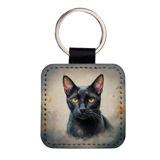 Bombay Black Cat Illustration Square Faux Leather Keychain