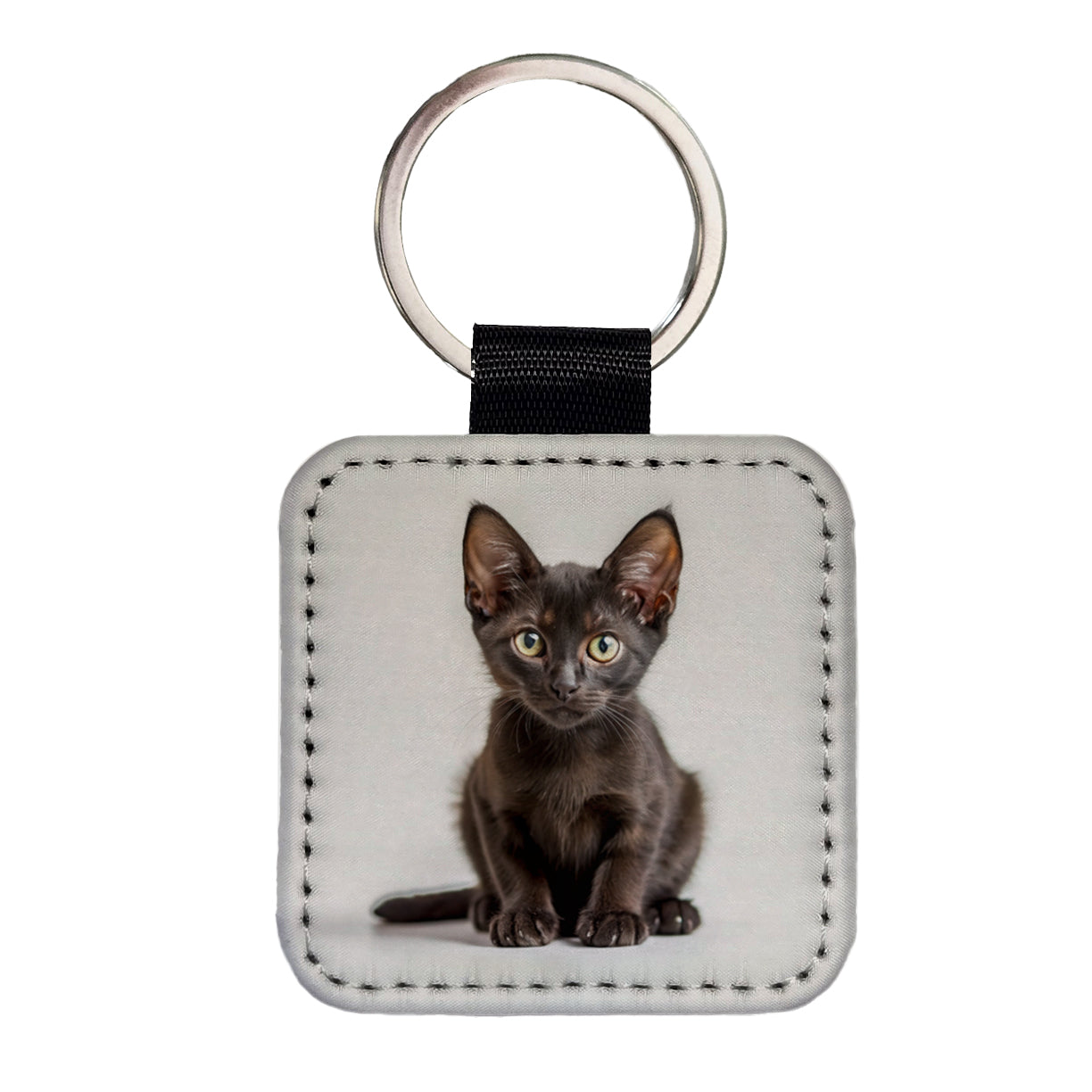 Bombay Black Cat Kitten Photo Square Faux Leather Keychain