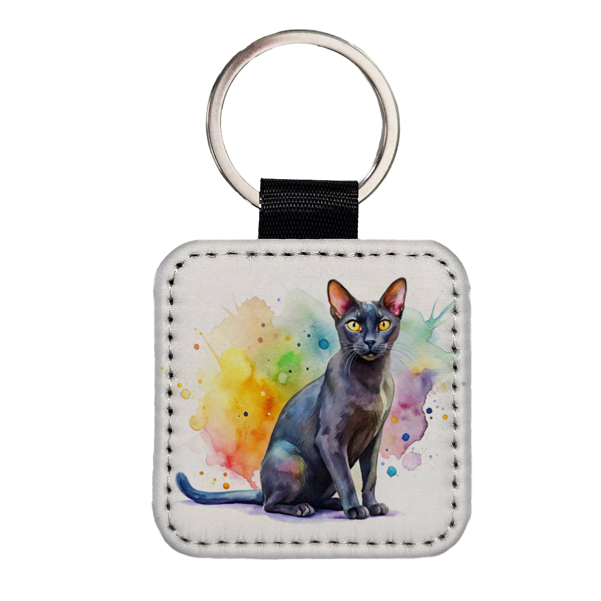 Bombay Black Cat Watercolor Style Square Faux Leather Keychain