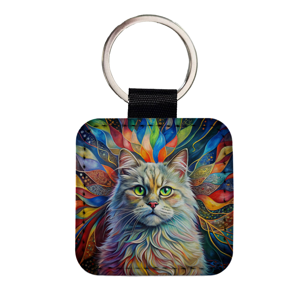 British Longhair Cat Abstract Art Square Faux Leather Keychain