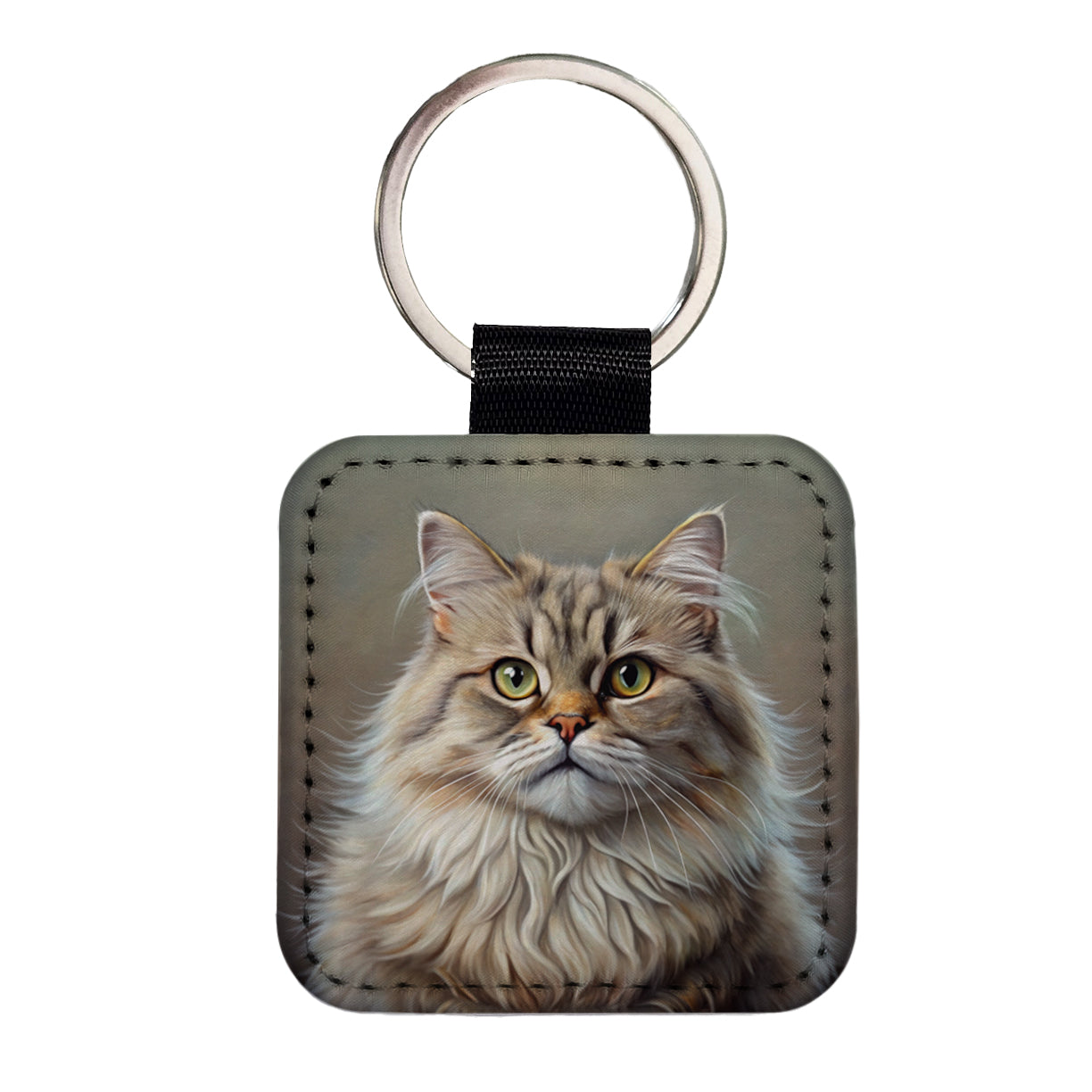 British Longhair Cat Illustration Square Faux Leather Keychain