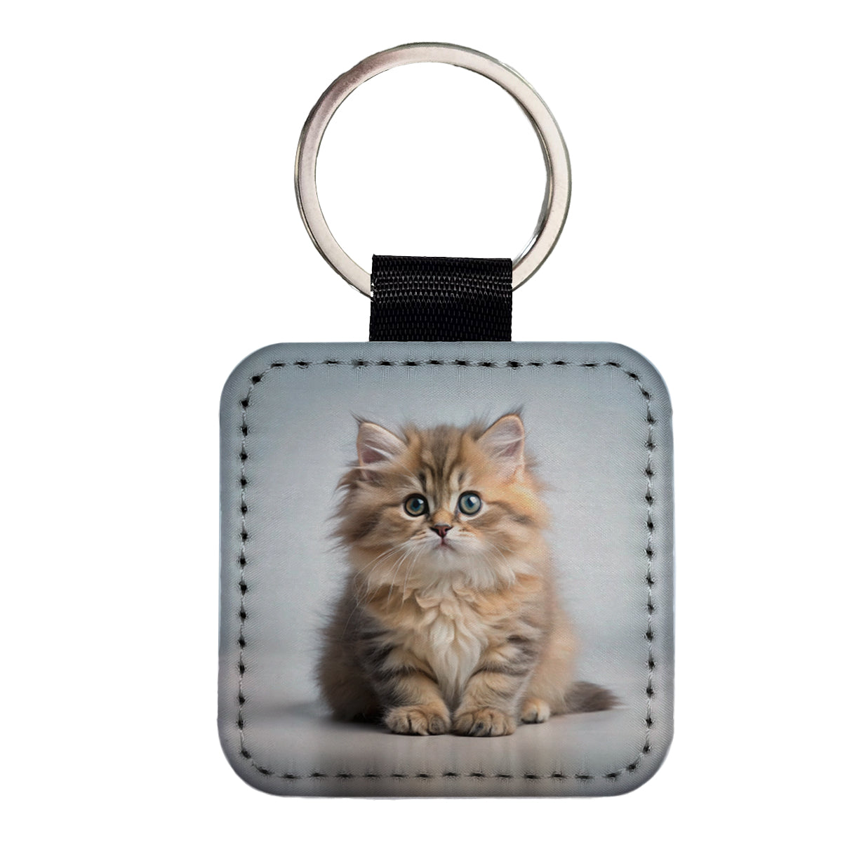 British Longhair Cat Kitten Photo Square Faux Leather Keychain