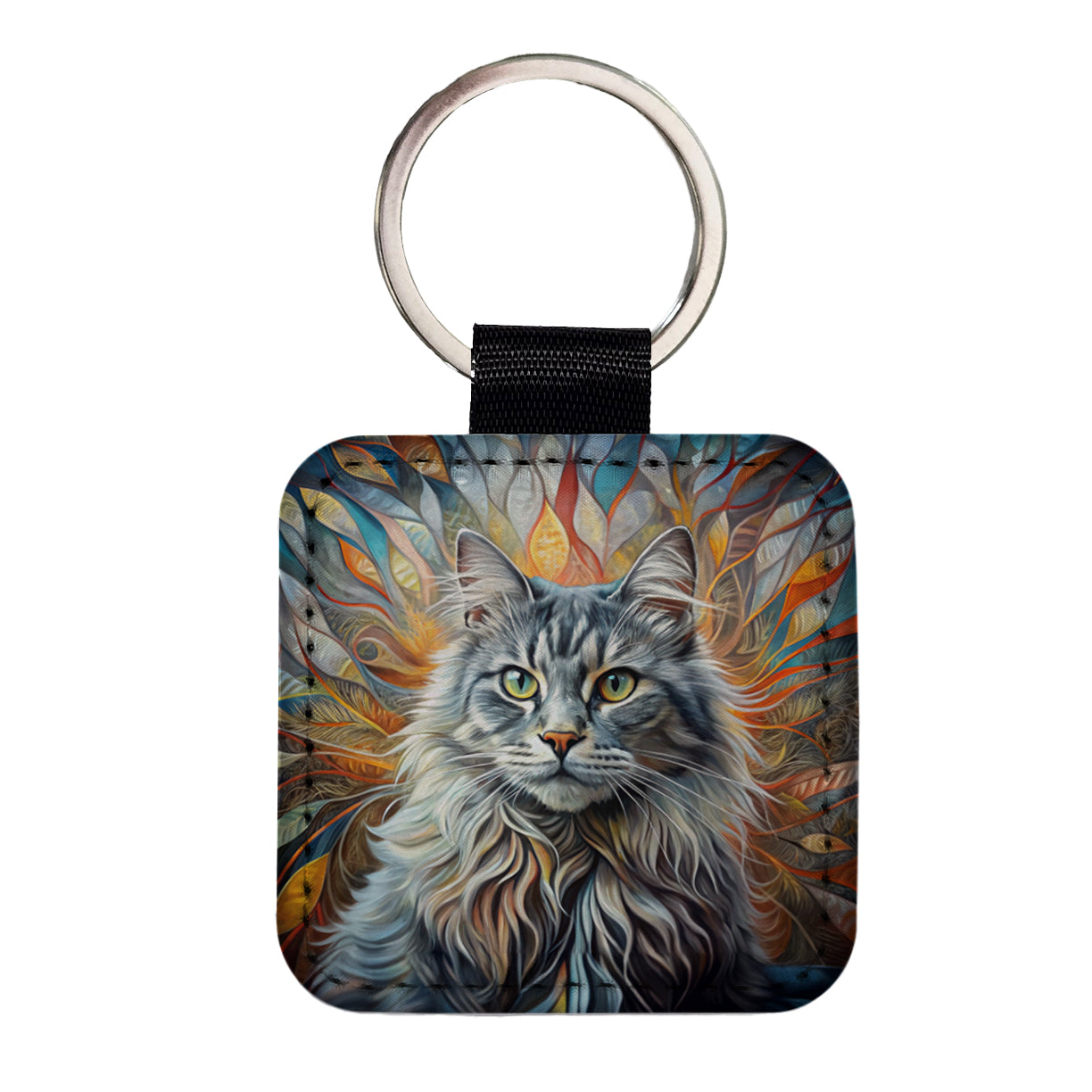 British Longhair Gray Cat Abstract Art Square Faux Leather Keychain