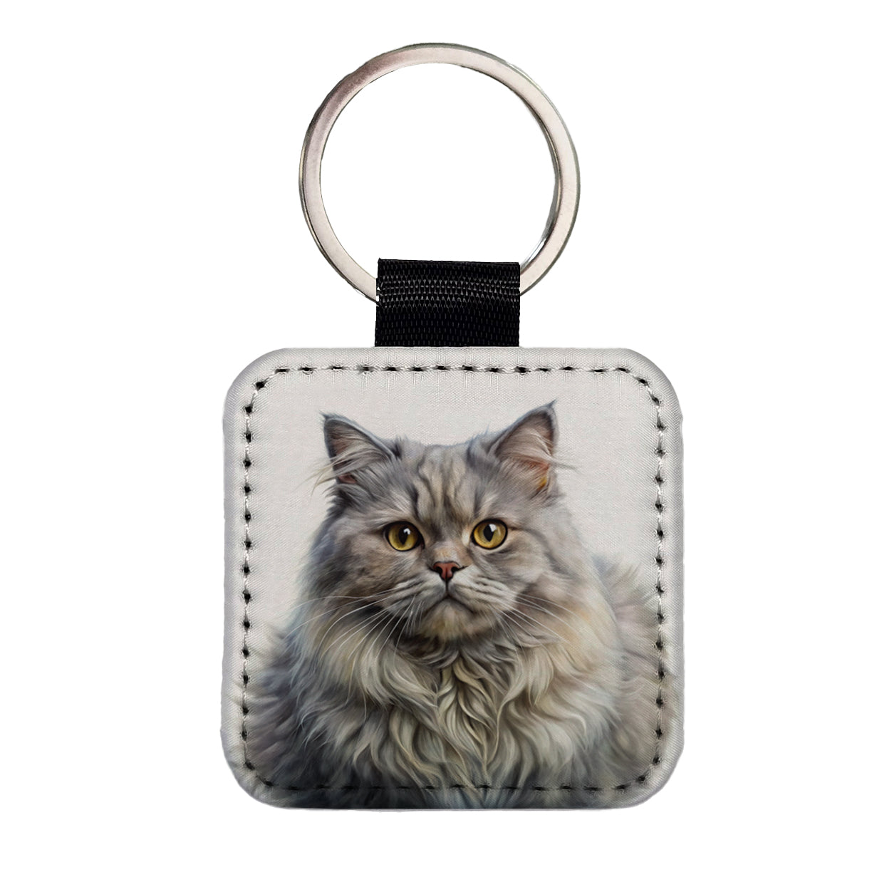 British Longhair Gray Cat Illustration Square Faux Leather Keychain