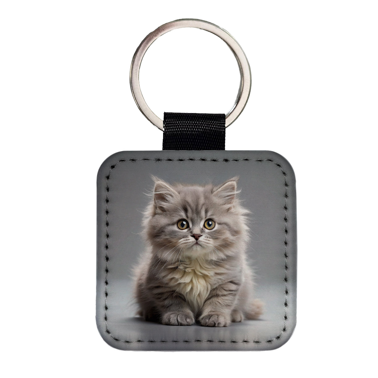 British Longhair Gray Cat Kitten Photo Square Faux Leather Keychain