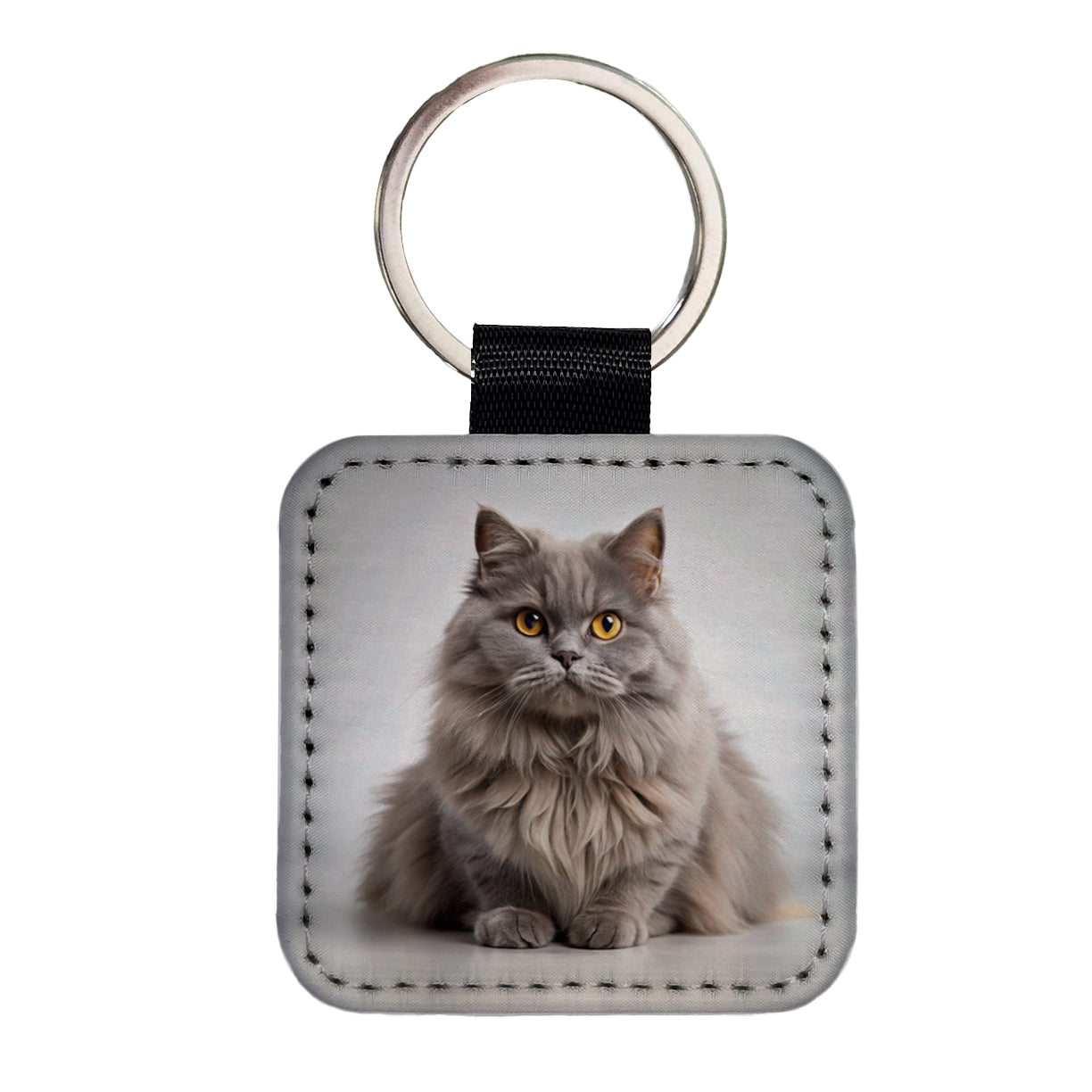 British Longhair Gray Cat Photo Square Faux Leather Keychain
