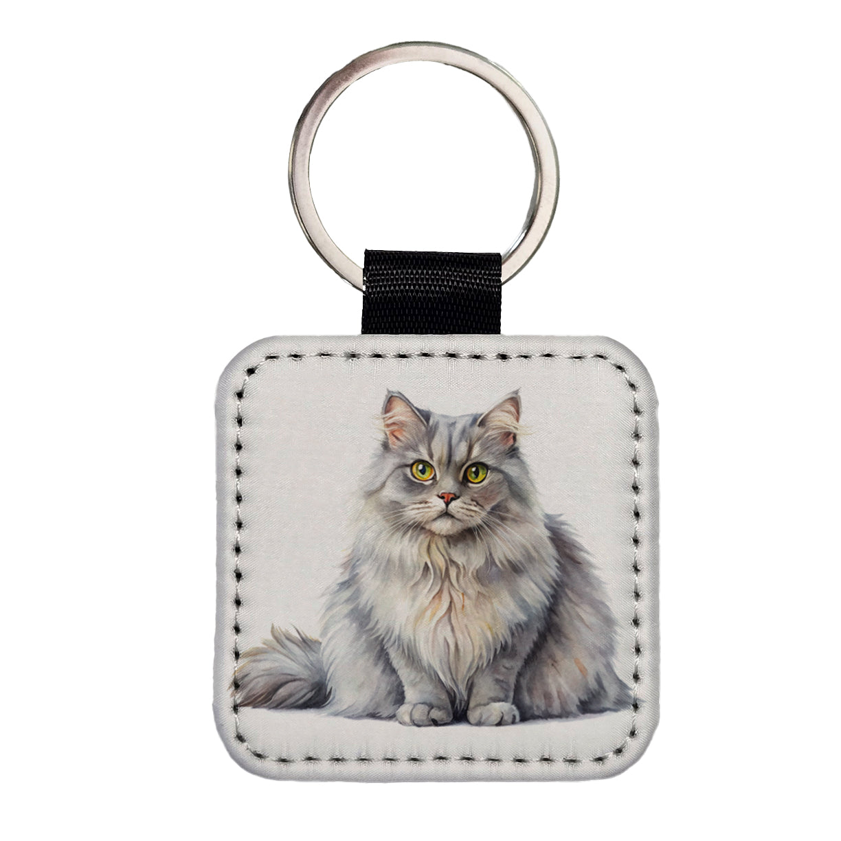 British Longhair Gray Cat Watercolor Style Square Faux Leather Keychain