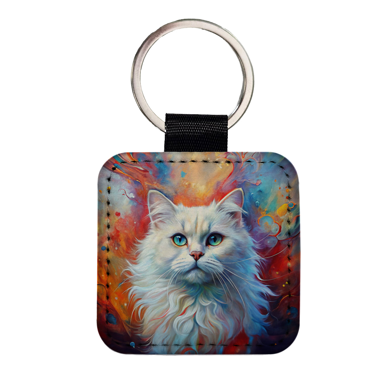 British Longhair White Cat Abstract Art Square Faux Leather Keychain