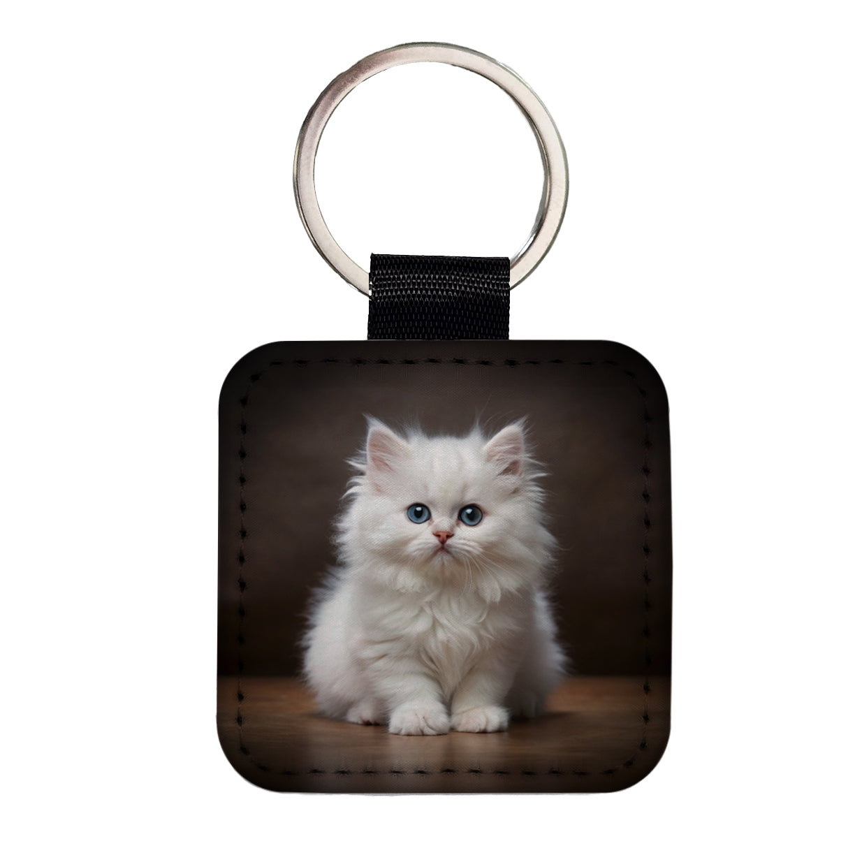 British Longhair White Cat Kitten Photo Square Faux Leather Keychain