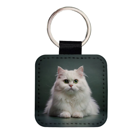 British Longhair White Cat Photo Square Faux Leather Keychain