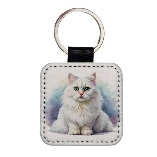 British Longhair White Cat Watercolor Style Square Faux Leather Keychain