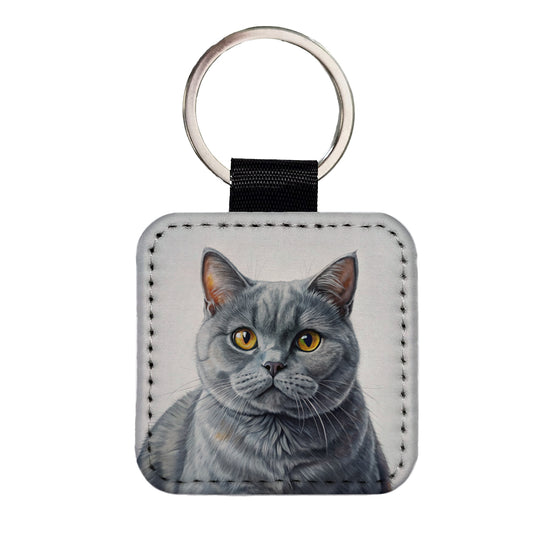British Shorthair Gray Cat Illustration Square Faux Leather Keychain