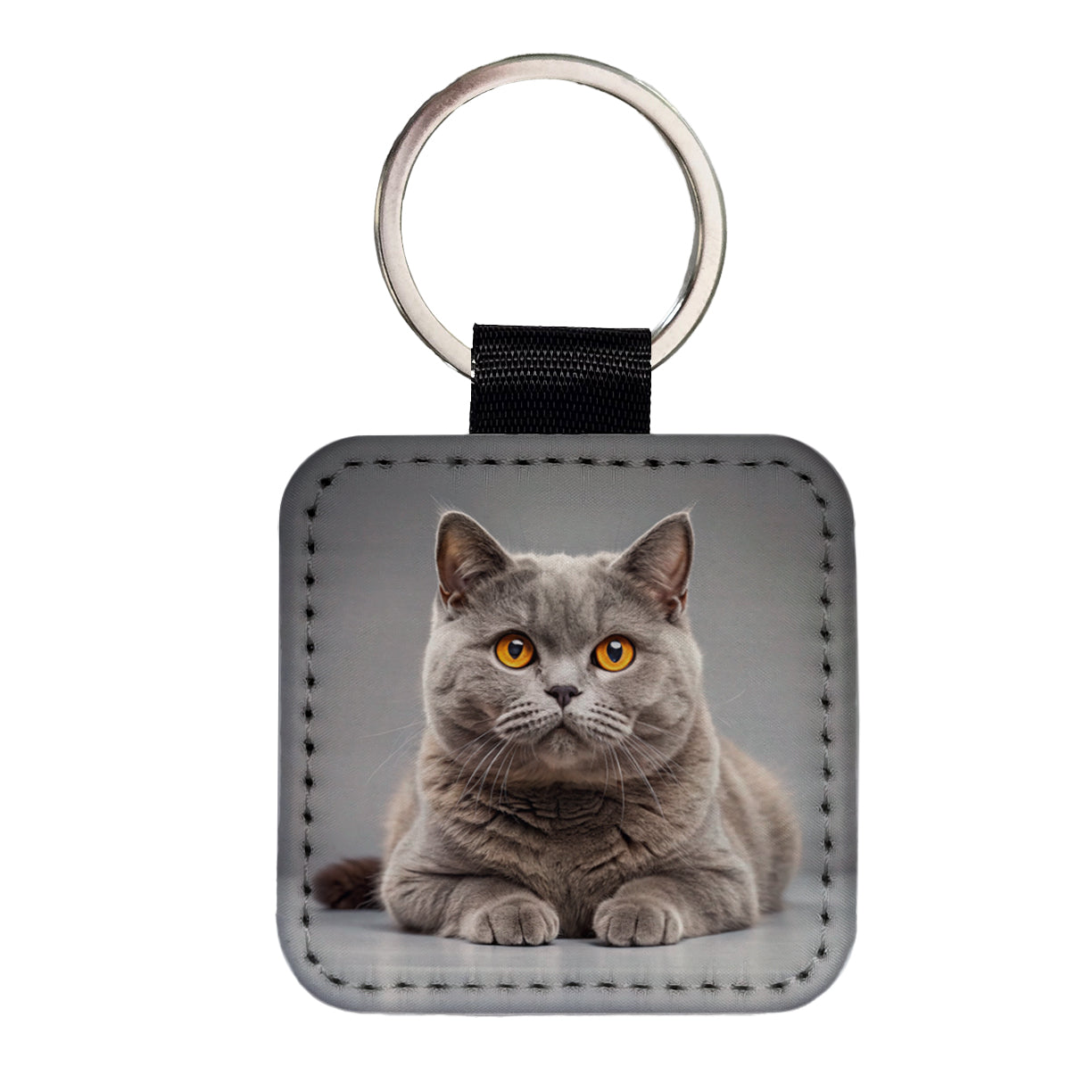 British Shorthair Gray Cat Photo Square Faux Leather Keychain