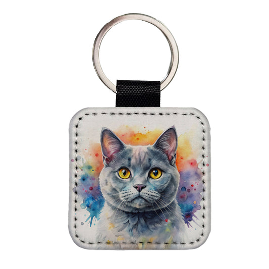 British Shorthair Gray Cat Watercolor Style Square Faux Leather Keychain