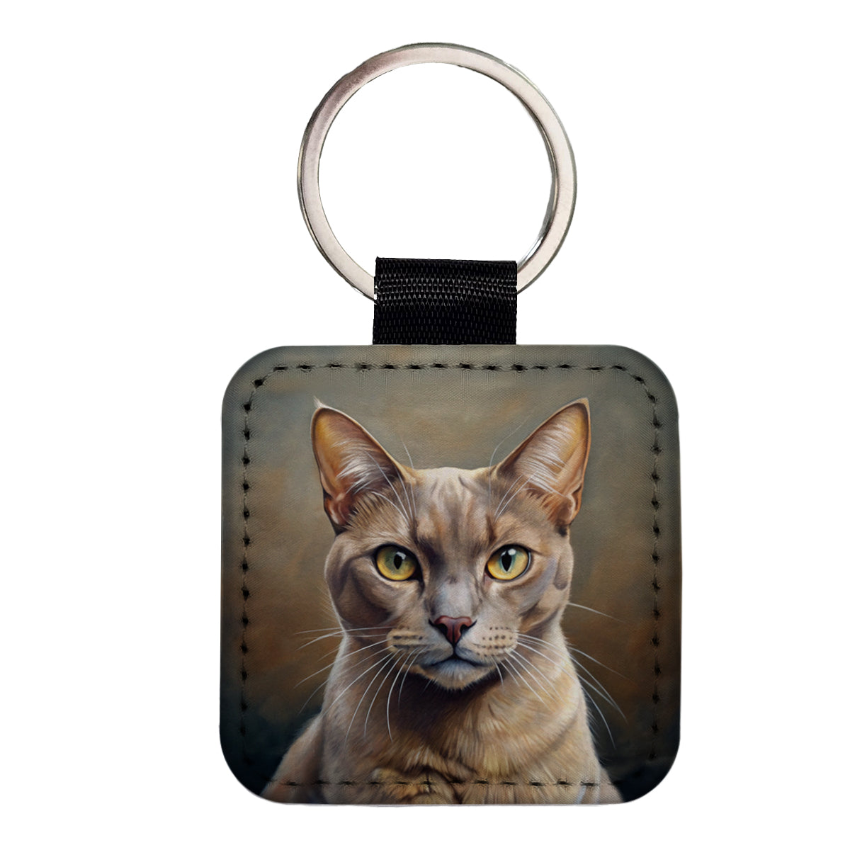 Burmese Cat Illustration Square Faux Leather Keychain