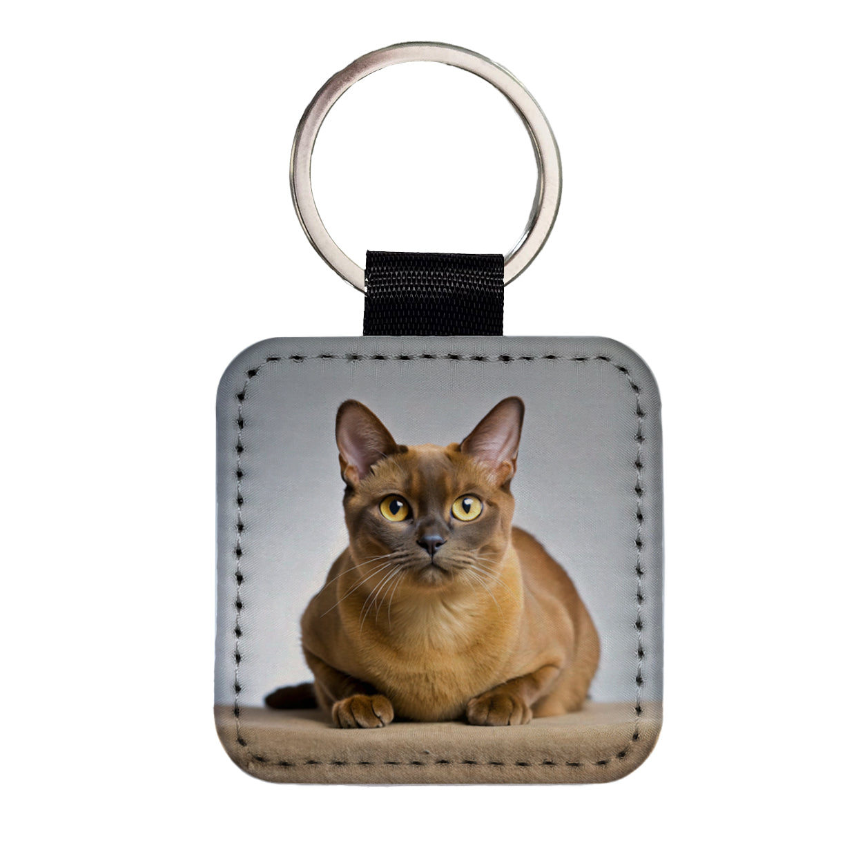 Burmese Cat Photo Square Faux Leather Keychain