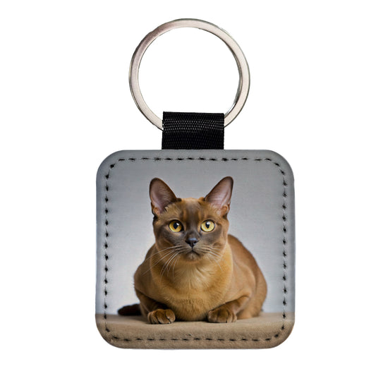 Burmese Cat Photo Square Faux Leather Keychain