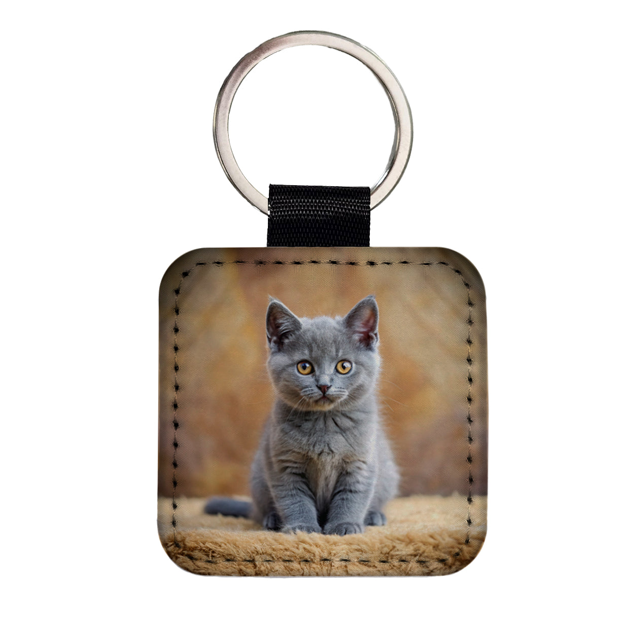 Chartreux Cat Kitten Photo Square Faux Leather Keychain