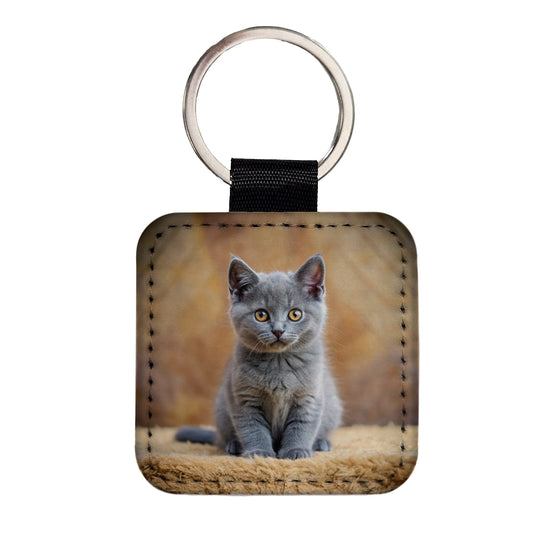 Chartreux Cat Kitten Photo Square Faux Leather Keychain