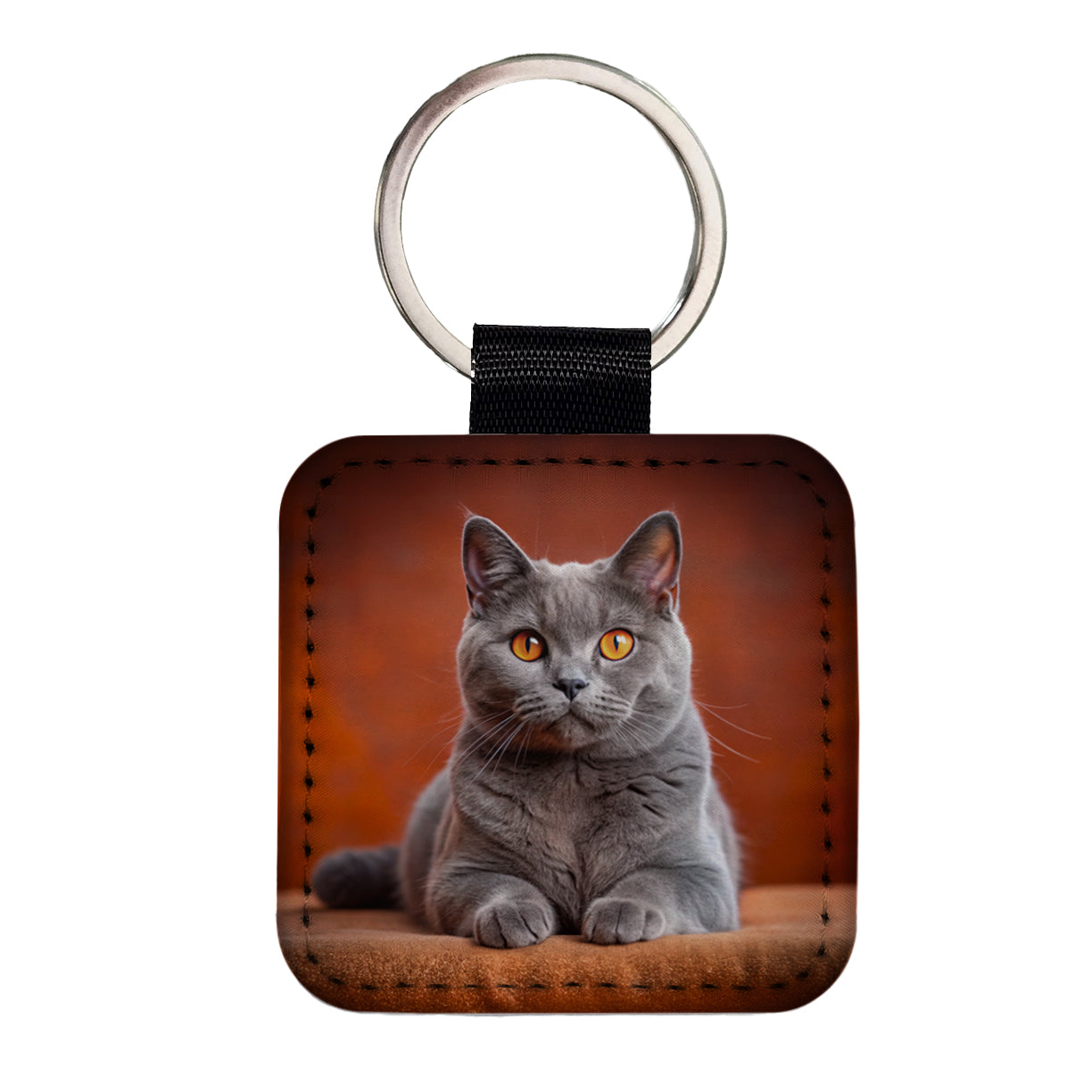Chartreux Cat Photo Square Faux Leather Keychain