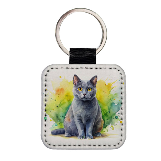 Chartreux Cat Watercolor Style Square Faux Leather Keychain