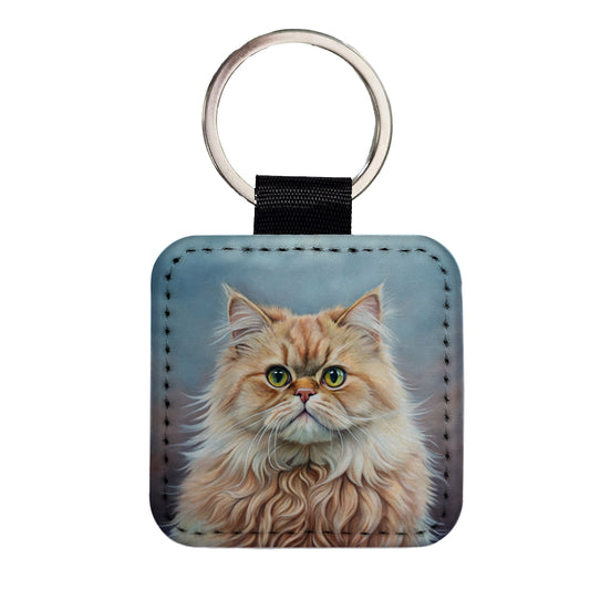 Classic Persian Cat Illustration Square Faux Leather Keychain