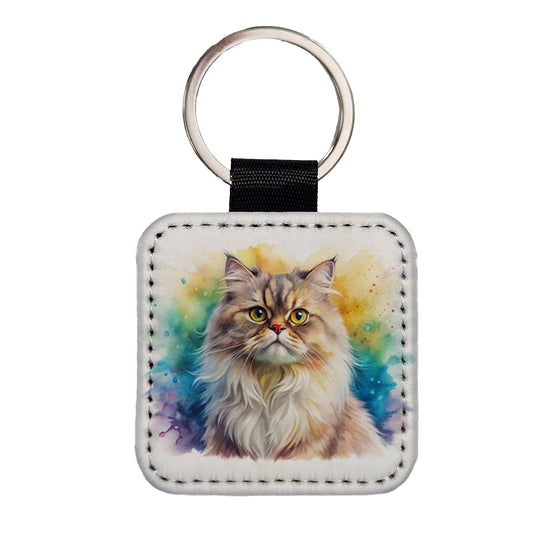 Classic Persian Cat Watercolor Style Square Faux Leather Keychain