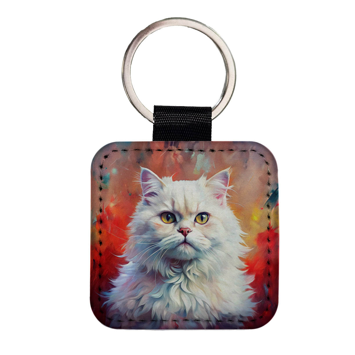Classic Persian White Cat Abstract Art Square Faux Leather Keychain