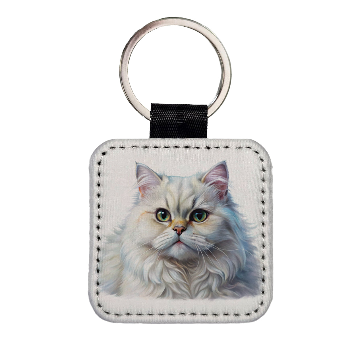 Classic Persian White Cat Illustration Square Faux Leather Keychain