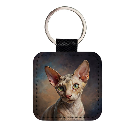 Cornish Rex Cat Illustration Square Faux Leather Keychain