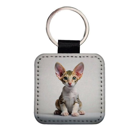 Cornish Rex Cat Kitten Photo Square Faux Leather Keychain